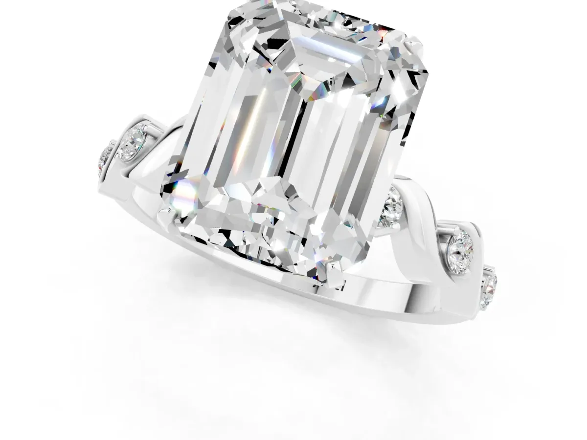 Emerald Cut Moissanite Solitaire Twisted Band with Round Accents and Prong Setting Silver