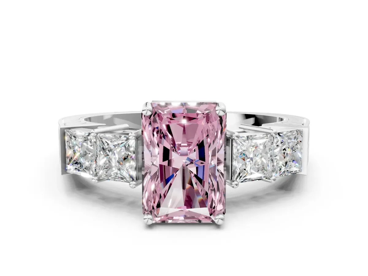 Fancy Pink Radiant Cut Solitaire Princess Side Stone Engraved Band Prong Setting Ring Silver