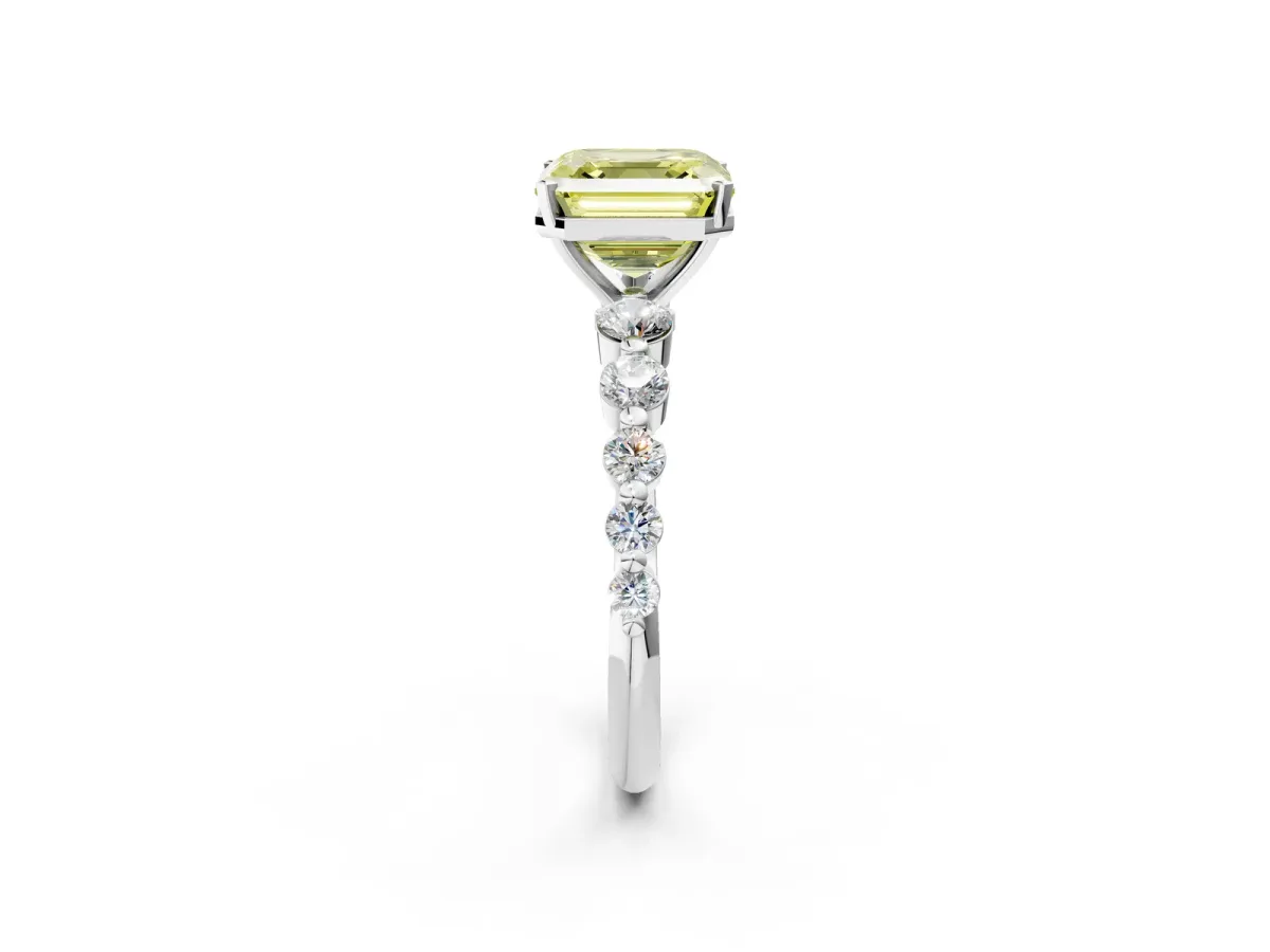 Fancy Yellow Asscher Cut Solitaire Diamond Ring with Pave Band and Four-Prong Setting Silver