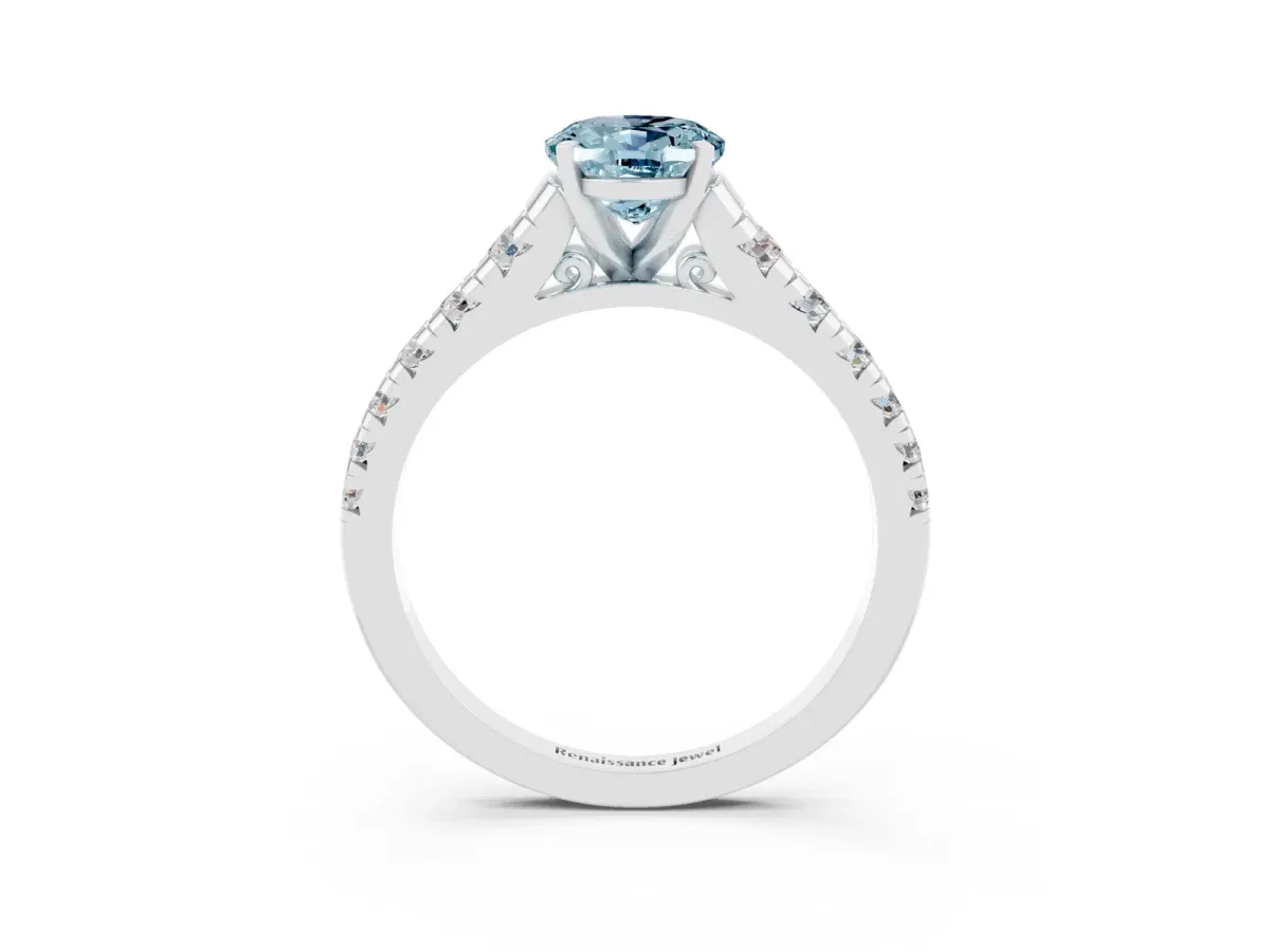 Oval Cut Aquamarine Cathedral Solitaire Ring with Round Pavé Band Silver