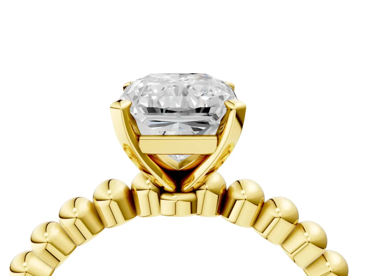 Radiant Cut Diamond Solitaire Ring with Beaded Band and Prong Setting Yellow gold