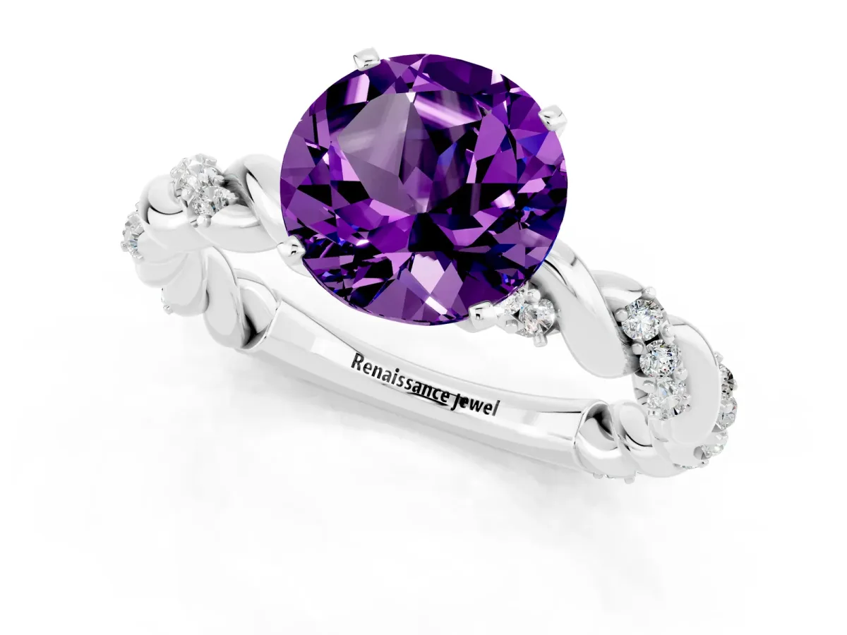 Round Cut Amethyst Solitaire Ring with Twisted Band and Pavé Accents Silver