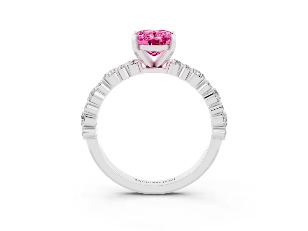 Oval Cut Pink Sapphire Side Stone Solitaire Ring with Round and Four-Prong Setting White gold