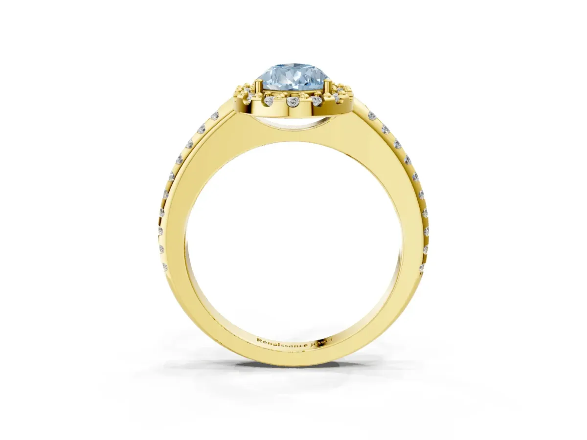 Fancy Blue Pear Cut Diamond Pavé Halo Ring with Four-Prong Setting Yellow gold