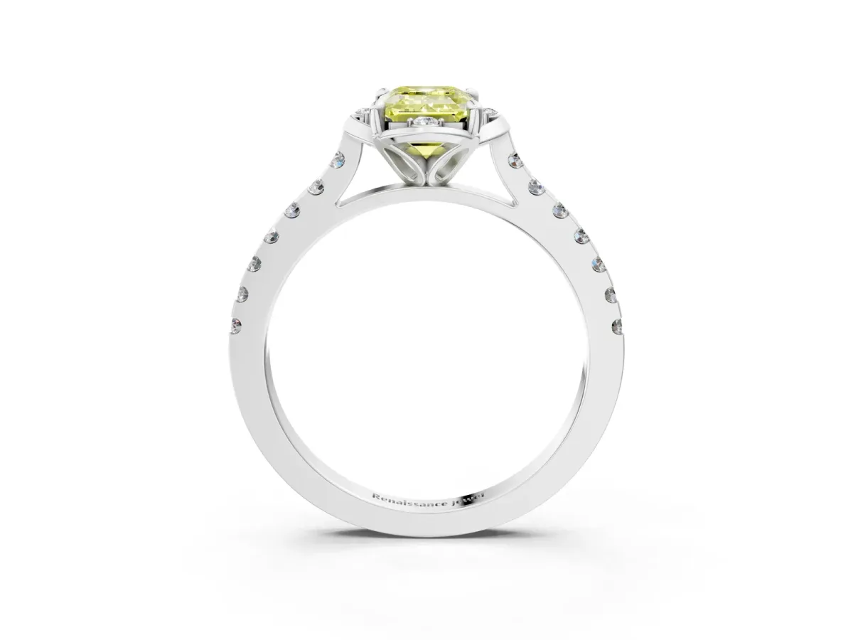 Fancy Yellow Emerald Cut Diamond Ring with Pavé Band and Floral Prong Setting Platinum