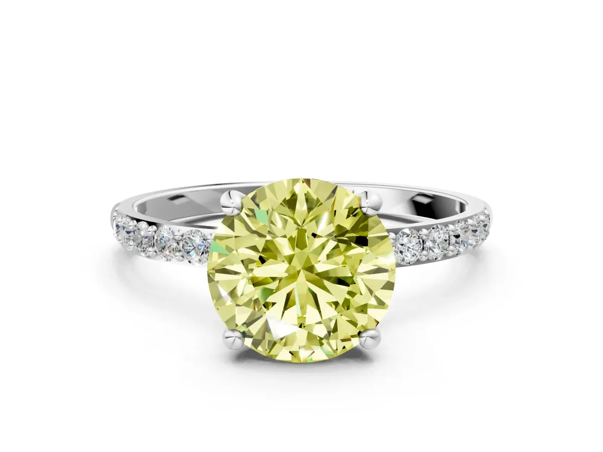 Fancy Yellow Round Cut Diamond Solitaire Ring with Round Pavé Band and Prong Setting Silver