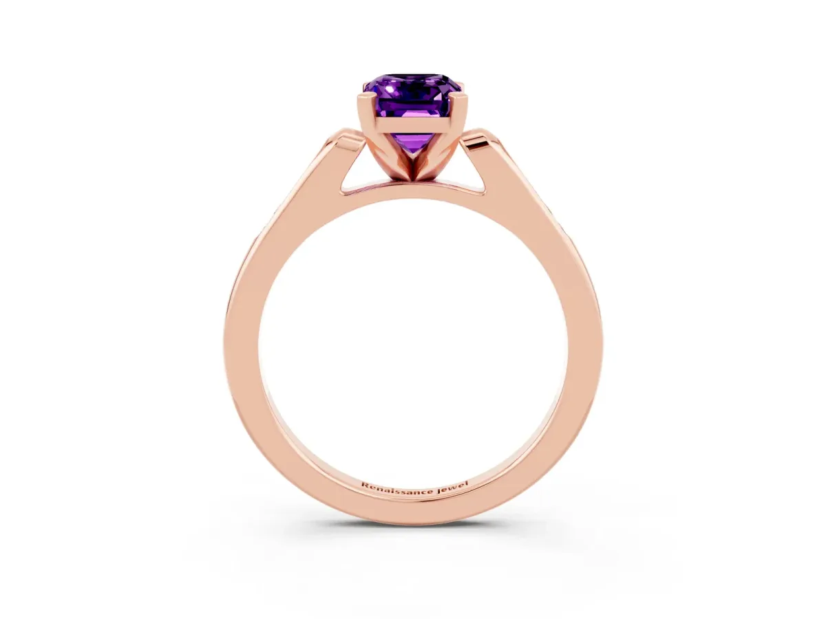 Emerald Cut Amethyst Solitaire Ring with Channel Set Round Band and Prong Setting Rose gold