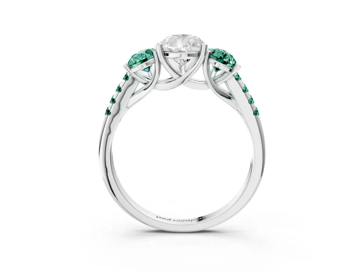 Three-Stone Pear Cut Diamond Ring with Round Green Sapphire Pavé Band and Prong Setting Silver