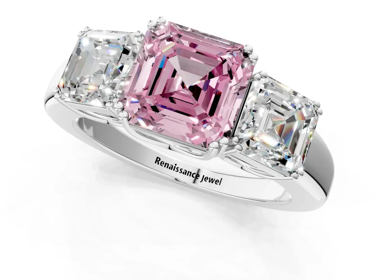 Fancy Pink Three-Stone Asscher Cut Cut Diamond Ring with Channel Set Band and Four-Prong Setting Silver