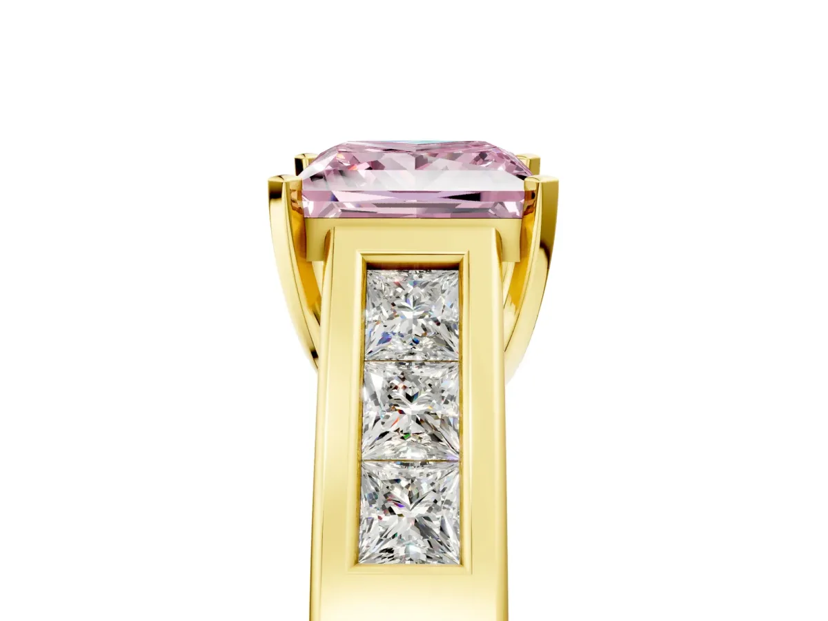 Fancy Pink Princess Cut Cut Channel Set Solitaire Ring with Four-Prong Setting Yellow gold
