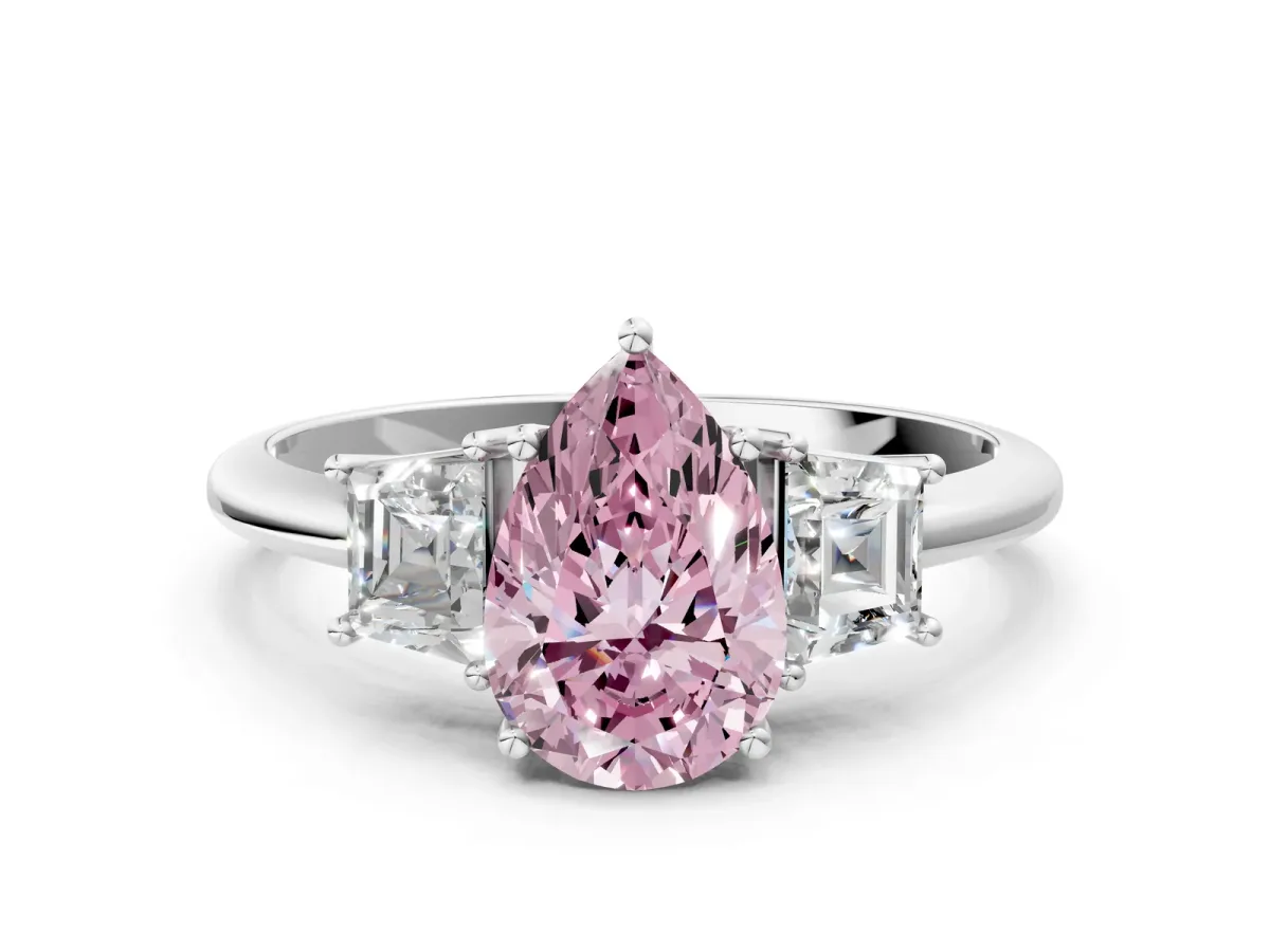 Fancy Pink Pear Cut Diamond Three-Stone Ring with Trapezoid Side Stones and Prong Setting Silver