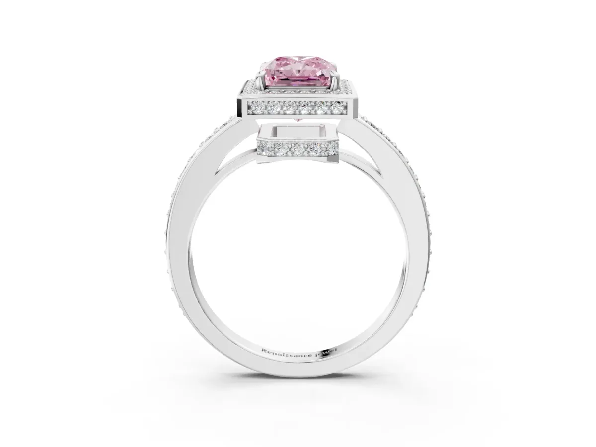 Fancy Pink Radiant Cut Halo Pave Band Solitaire Ring with Prong Setting Platinum
