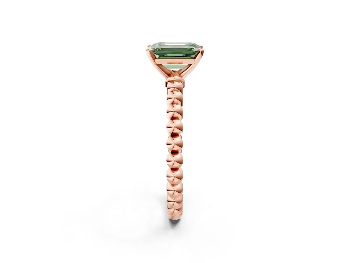 Fancy Green Emerald Cut Diamond Solitaire Ring with Beaded Band and Prong Setting Rose gold