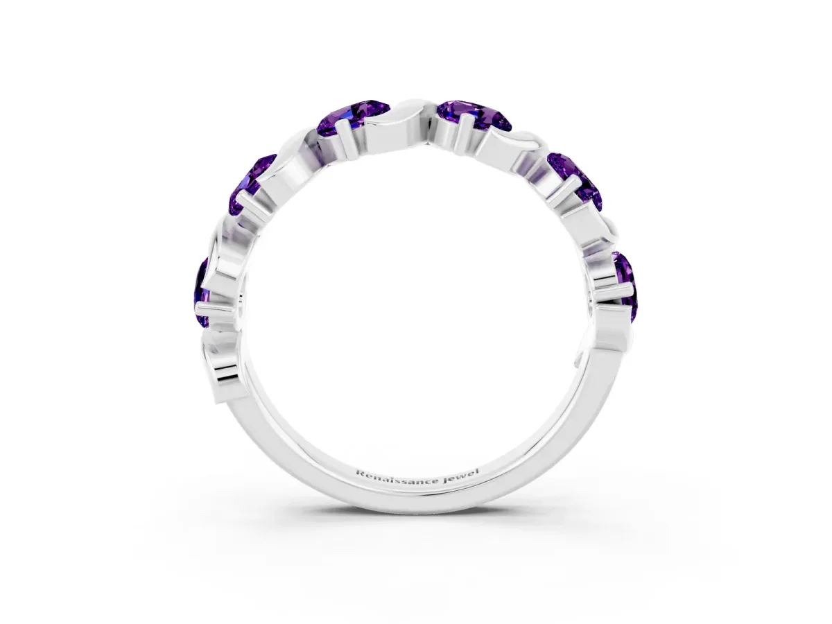 Six-Stone Round Amethyst Wave Band with Shared Prong Setting White gold