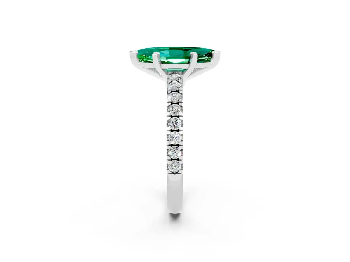 Marquise Cut Solitaire Emerald with Pavé Band and Four-Prong Setting Silver