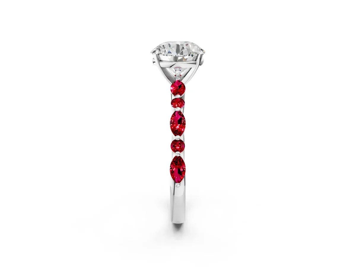 Round Cut Diamond Ring with Marquise and Round Ruby Side Stones and Four-Prong Setting Silver