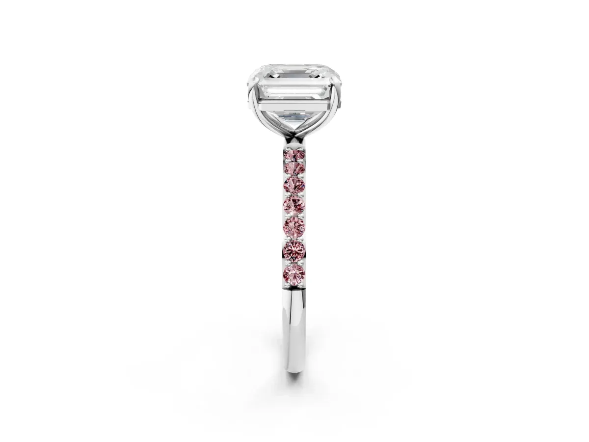 Asscher Cut Diamond Solitaire Ring with Round Morganite Pavé Band and Prong Setting Silver