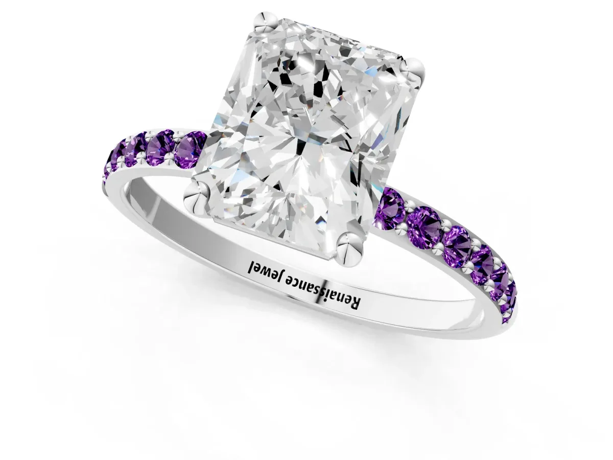 Radiant Cut Diamond Solitaire Ring with Round Amethyst Pavé Band and Prong Setting Silver