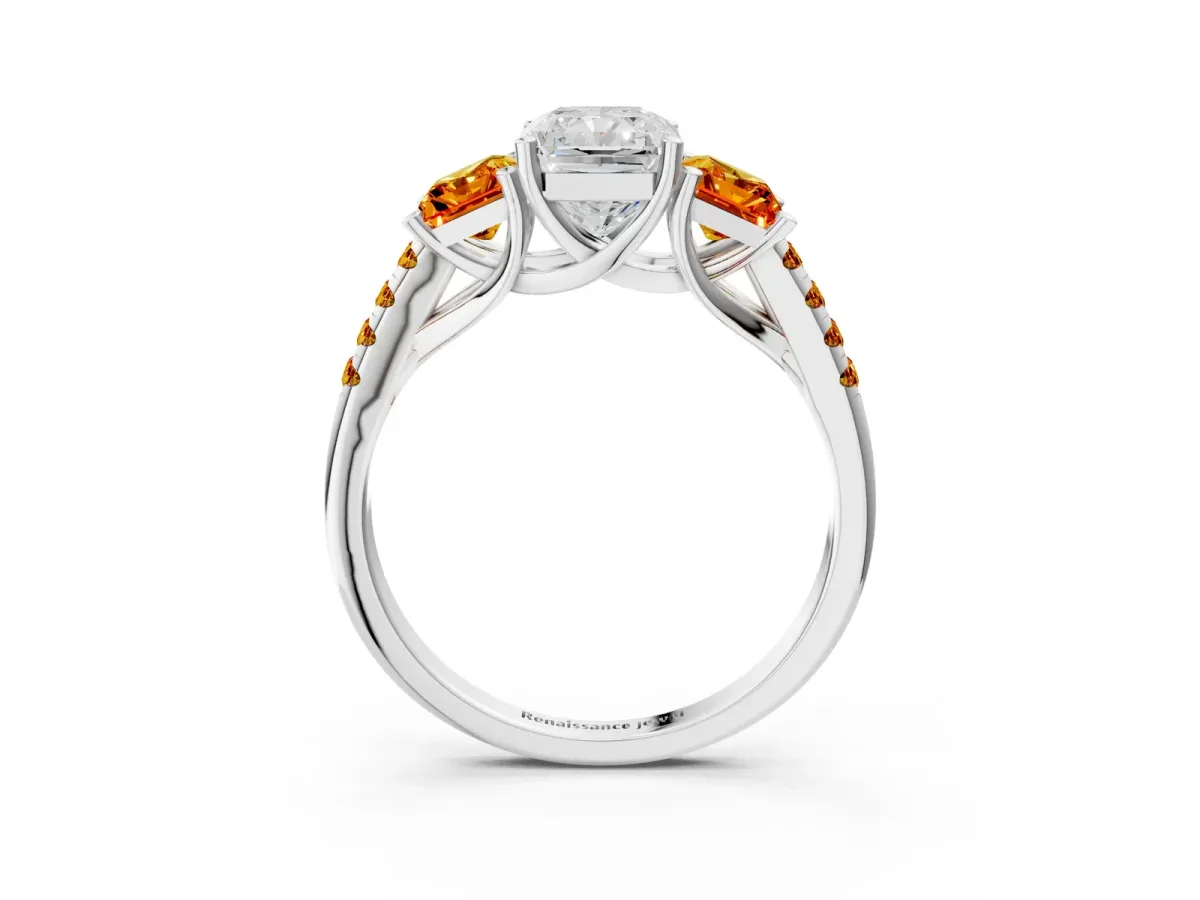 Three-Stone Radiant Cut Diamond Ring with Round Citrine Pavé Band and Prong Setting Silver