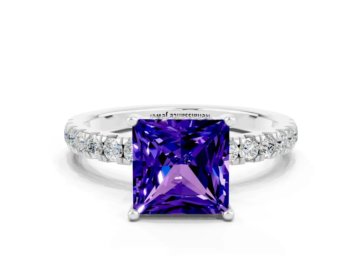Princess Cut Tanzanite Pave Band Solitaire Ring with Round and Prong Setting Platinum