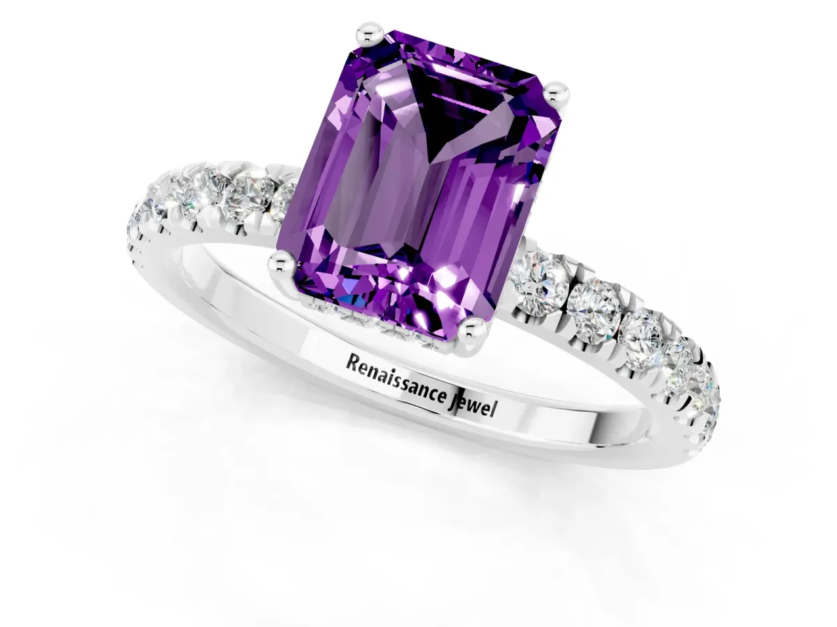 Emerald Cut Amethyst Pave Band Solitaire Ring with Round and Prong Setting Platinum