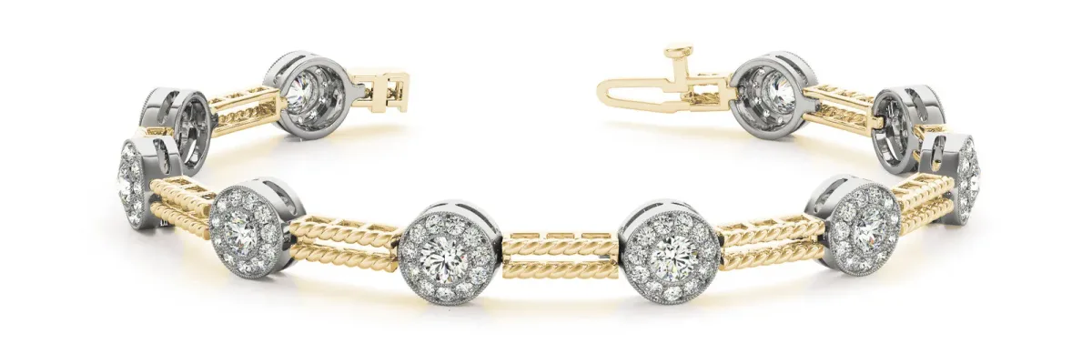 Round Halo Diamond Rope Bracelet with Bezel Setting Yellow gold