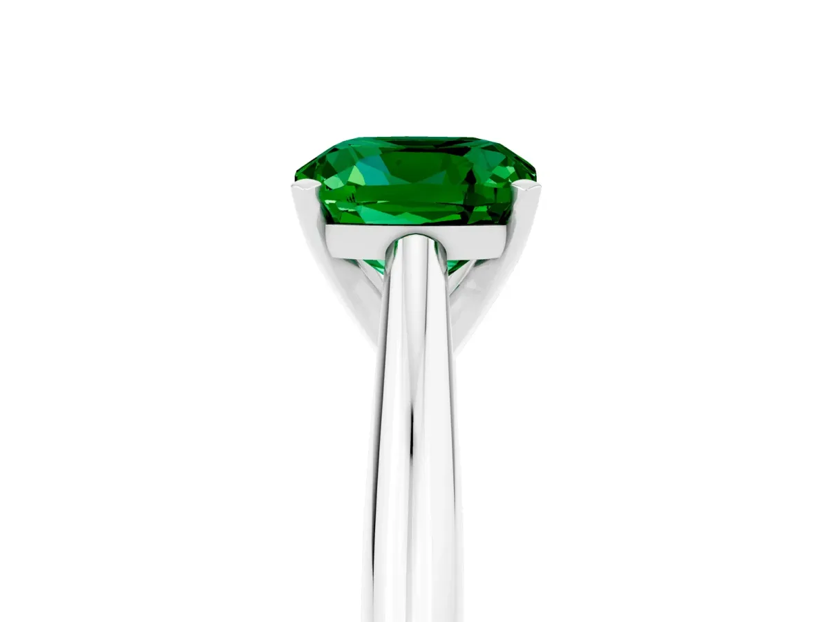 Cushion Cut Emerald Solitaire Engagement Ring with Cathedral Setting and Four-Prong Mount White gold
