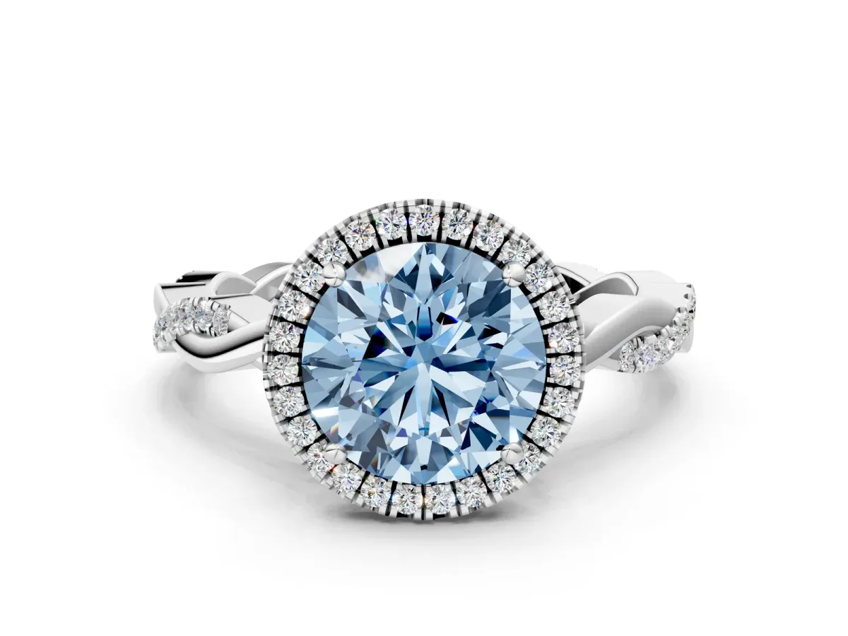 Fancy Blue Round Cut Cut Halo Twisted Band Four-Prong Ring Platinum