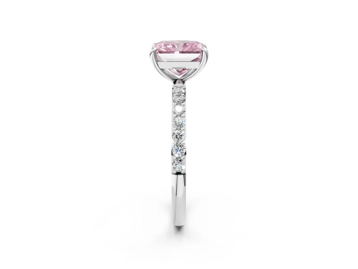 Fancy Pink Radiant Cut Diamond Solitaire Ring with Round Pavé Band and Prong Setting Silver