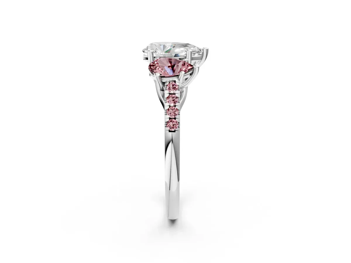Three-Stone Pear Cut Diamond Ring with Round Morganite Pavé Band and Prong Setting Silver