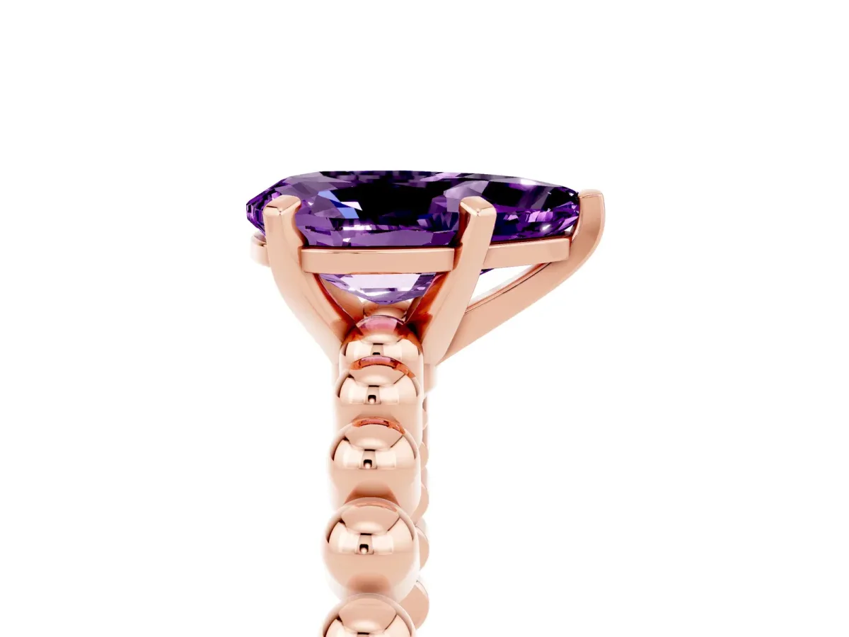 Pear Cut Amethyst Solitaire Ring with Beaded Band and Prong Setting Rose gold