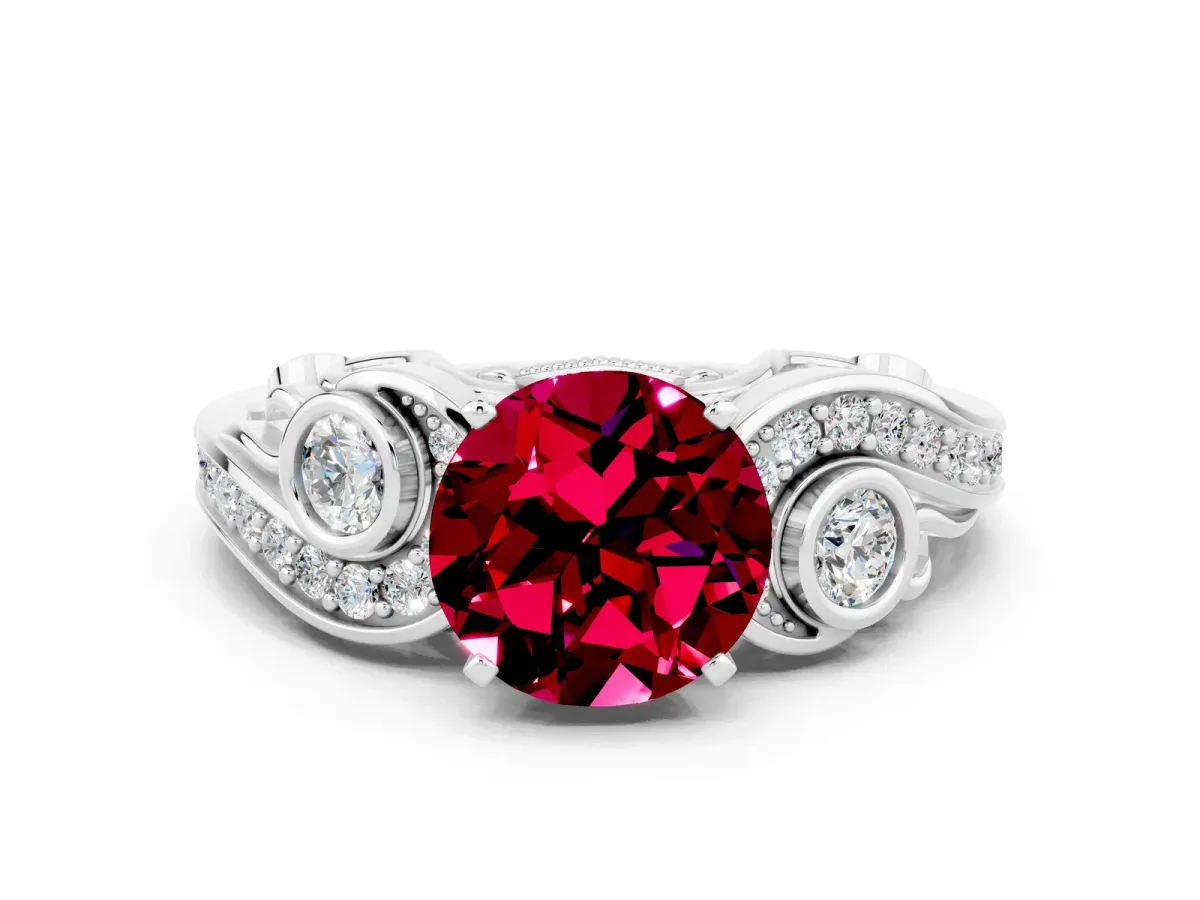 Round Cut Garnet Solitaire Ring with Milgrain Pavé Band and Four-Prong Setting Silver