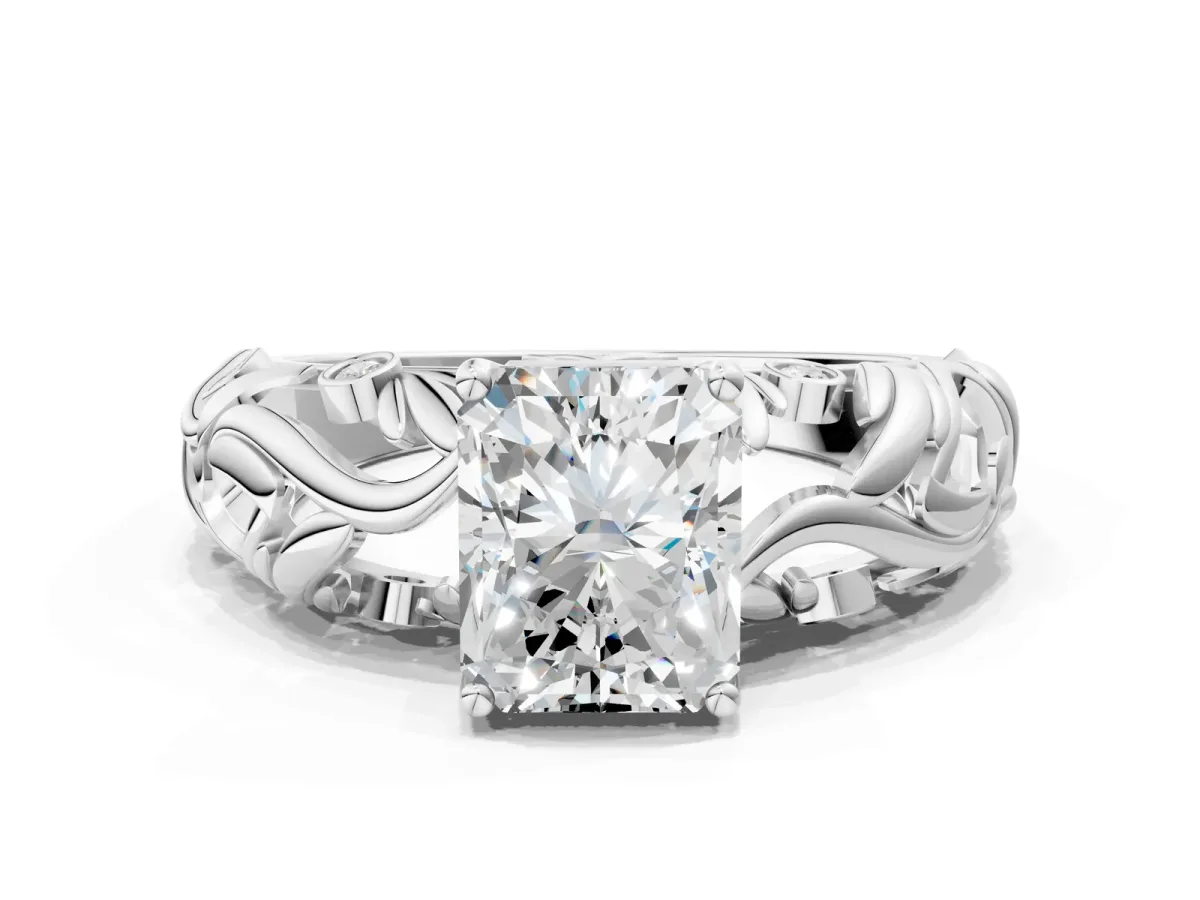 Radiant Cut Solitaire Diamond Leaf-Inspired Vine Band Ring with Prong Setting Platinum