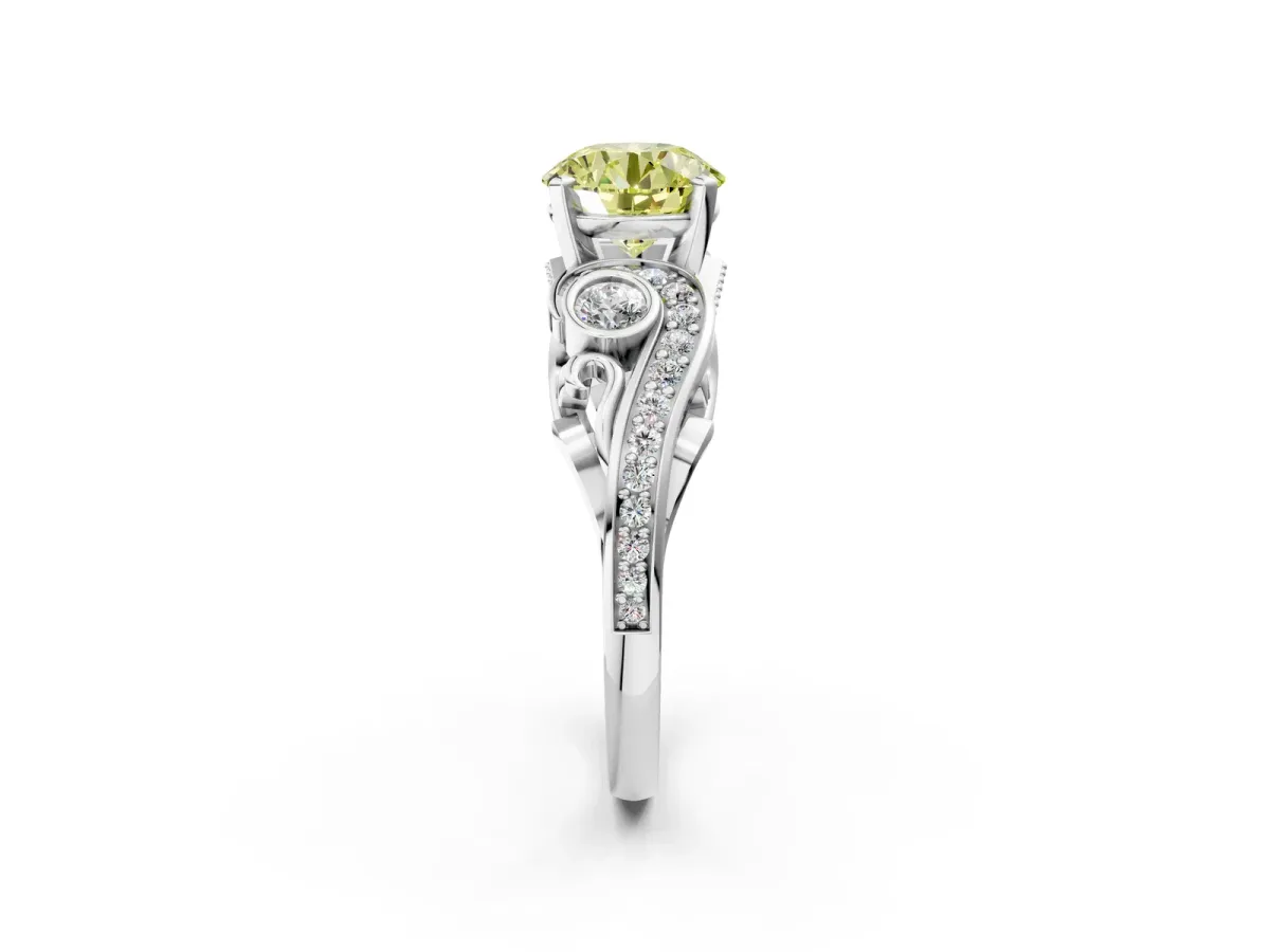 Fancy Yellow Round Cut Diamond Solitaire Ring with Milgrain Pavé Band and Four-Prong Setting Silver