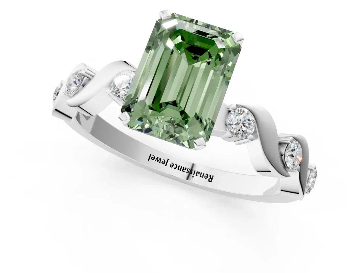 Fancy Green Emerald Cut Diamond Solitaire Twisted Band with Round Accents and Prong Setting Silver