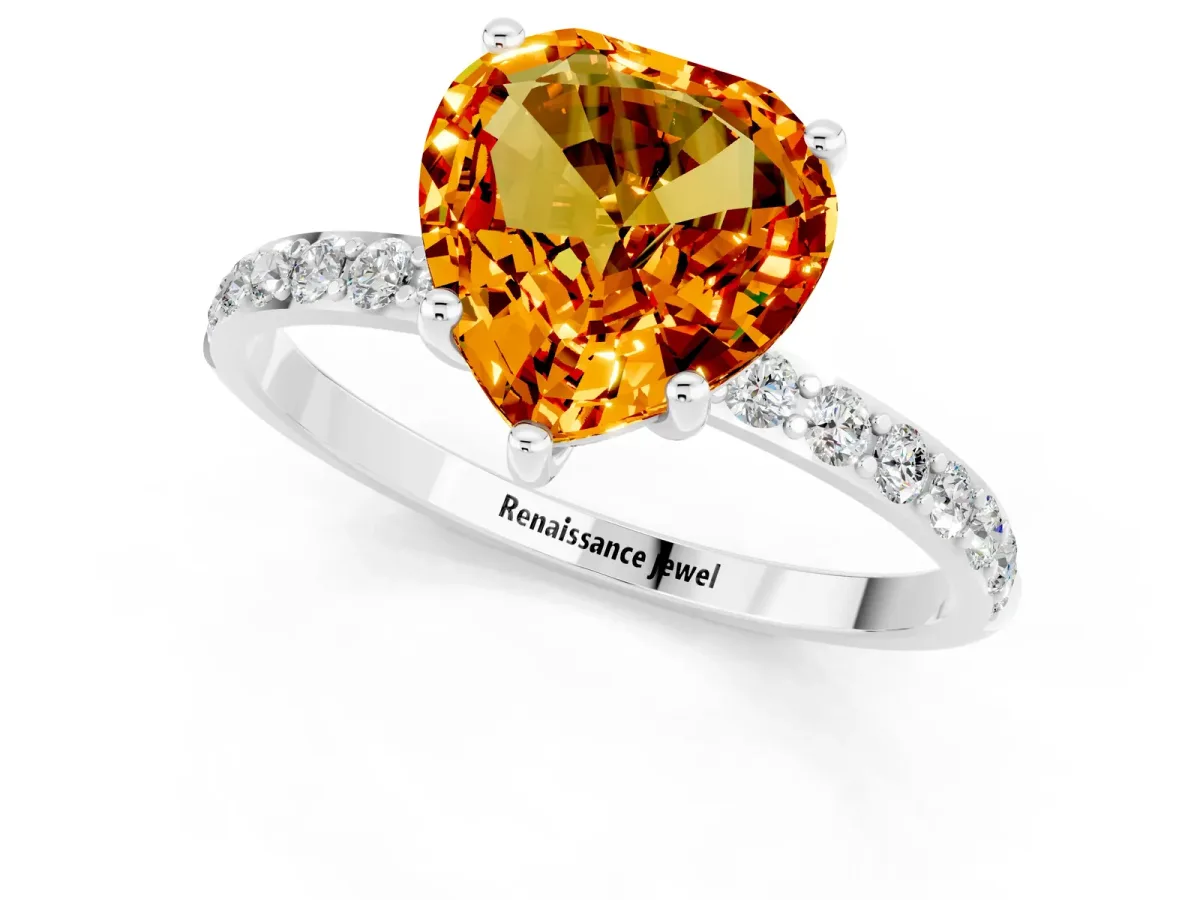 Heart Cut Citrine Solitaire Ring with Round Pavé Band and Prong Setting Silver