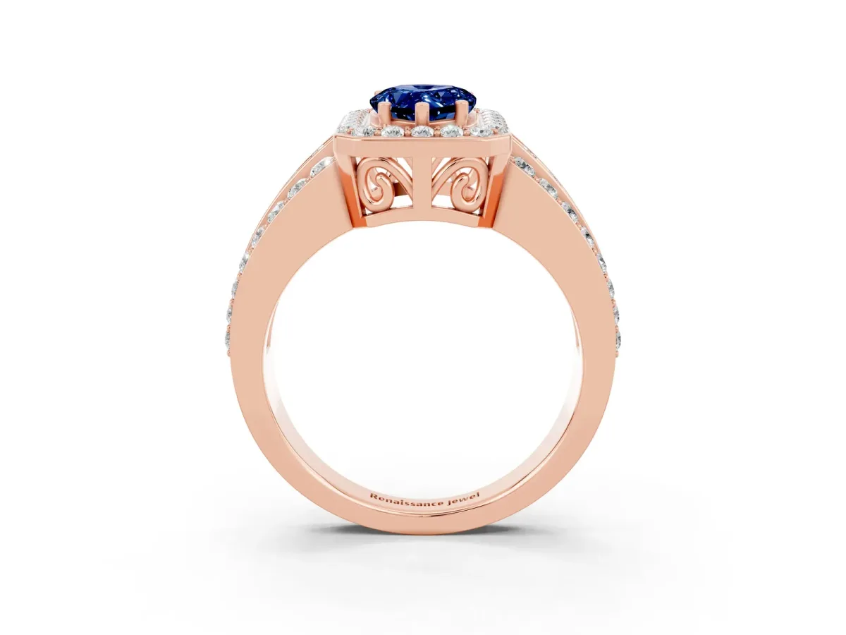 Pear Cut Halo Blue Sapphire Ring with Round Split Shank and Prong Setting Rose gold