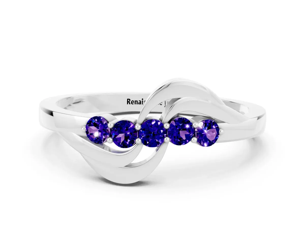 Five-Stone Round Tanzanite Crossover Band with Prong Setting White gold