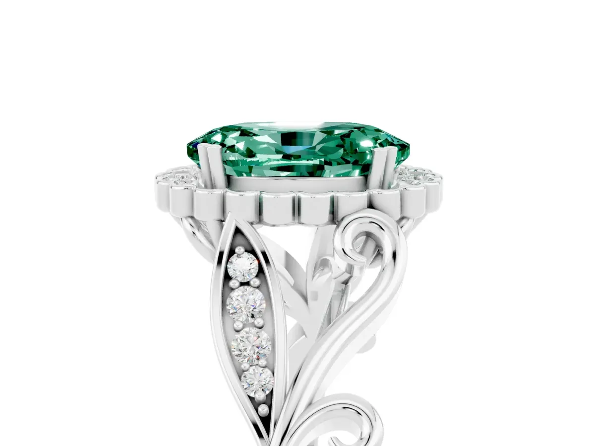 Oval Cut Green Sapphire Halo Ring with Vintage Split Shank and Four-Prong Setting Silver