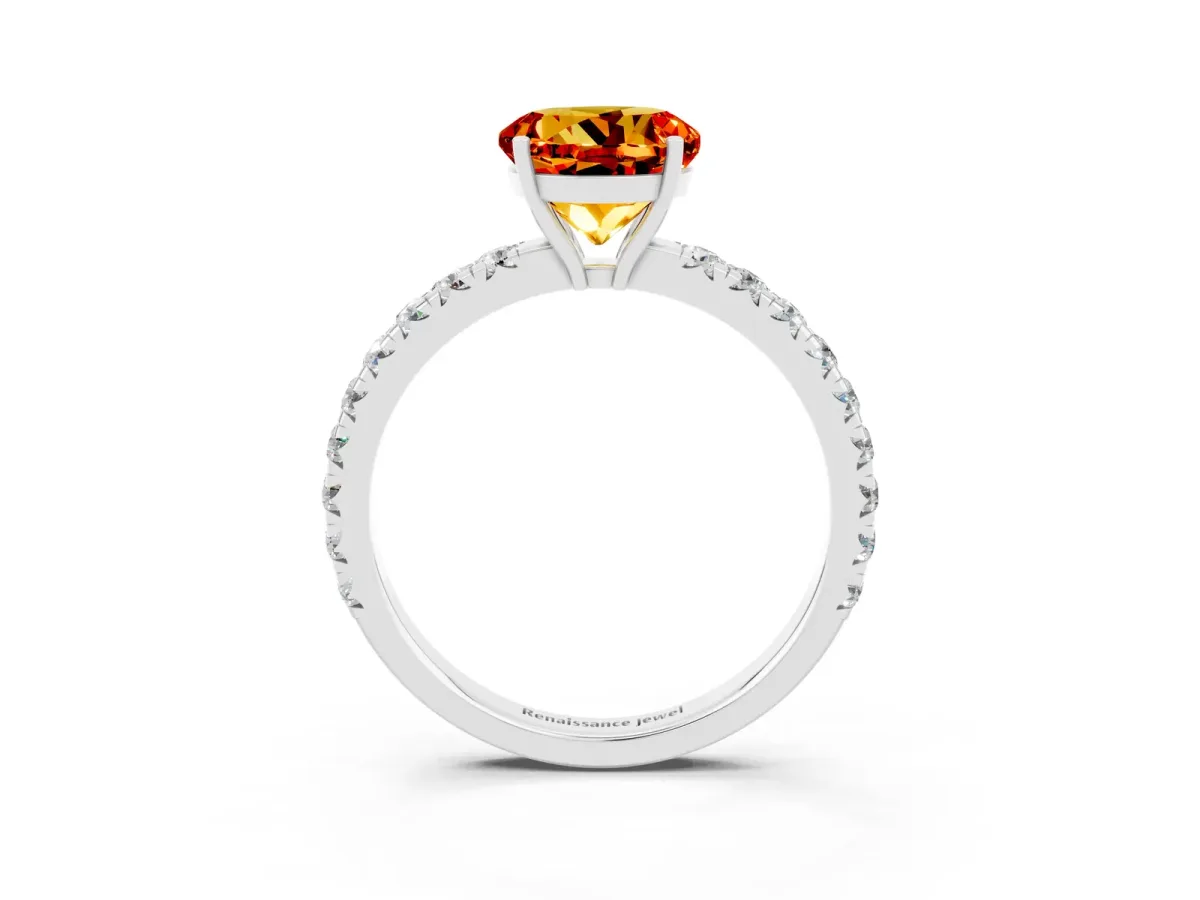 Round Cut Citrine Pavé Solitaire Engagement Ring with Four-Prong Setting Silver