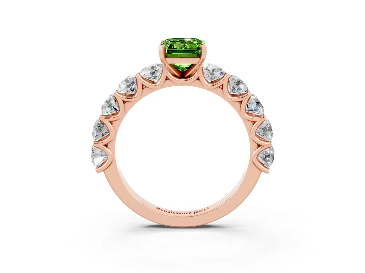 Emerald Cut Peridot Prong Setting with Side Stones on a Pave Band Rose gold