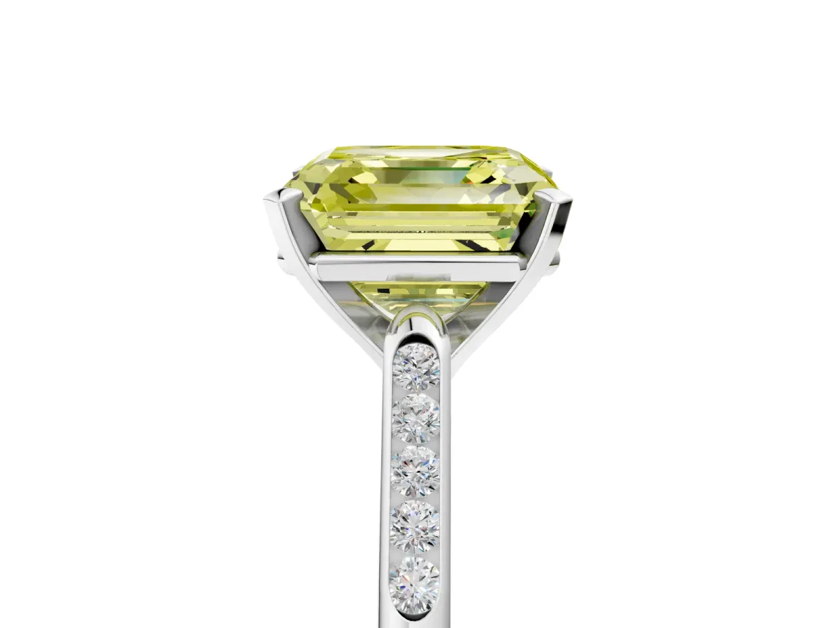 Fancy Yellow Asscher Cut Diamond Solitaire Ring with Channel Set Round Band and Prong Setting Silver