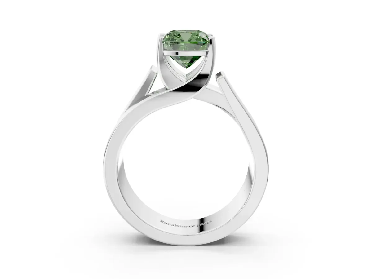 Fancy Green Modern Tension Set Cushion Cut Diamond Solitaire Wide Band Ring Silver