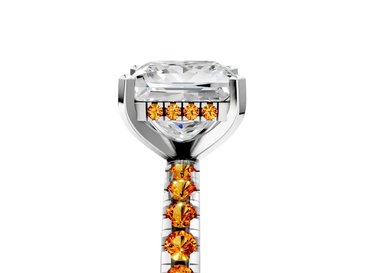Princess Cut Diamond Solitaire Ring with Round Citrine Pavé Band and Four-Prong Setting Silver