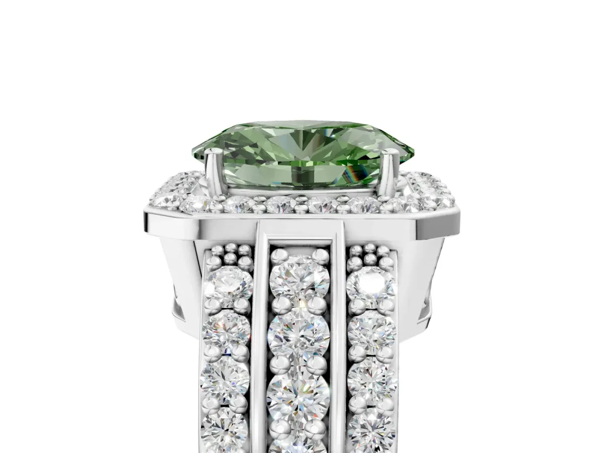 Fancy Green Oval Cut Halo Diamond Ring with Round Split Shank and Prong Setting Platinum