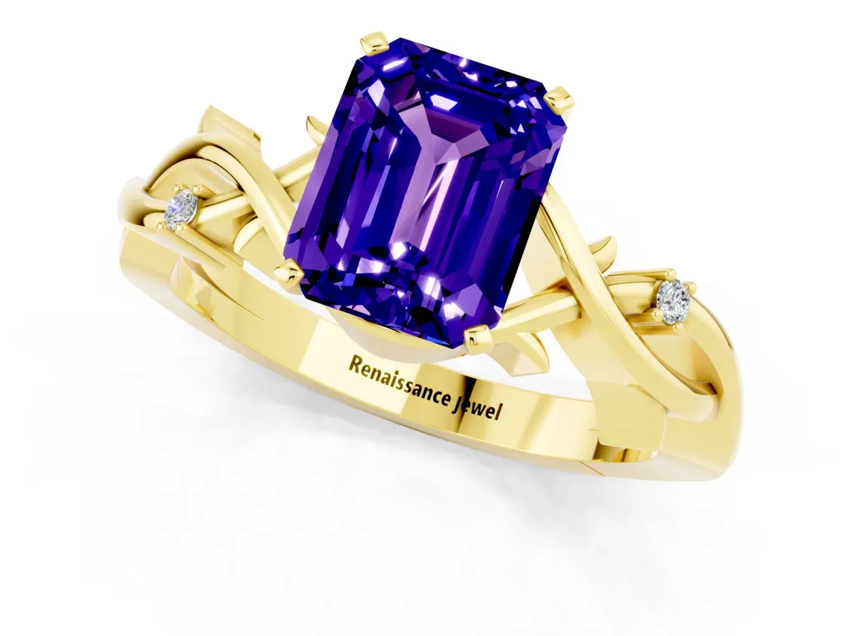Emerald Cut Tanzanite Solitaire Ring with Twisted Band and Prong Setting Yellow gold