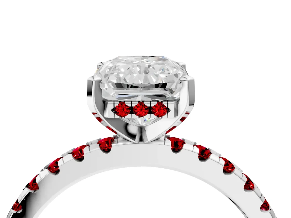 Radiant Cut Diamond Solitaire Ring with Round Ruby Pavé Band and Four-Prong Setting Platinum