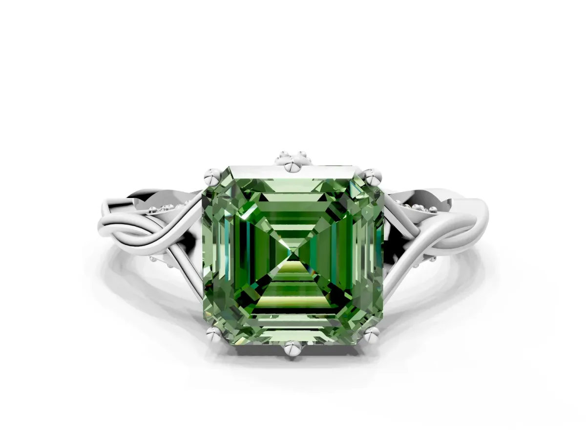 Fancy Green Asscher Cut Solitaire Twist Band Six-Prong Setting Platinum