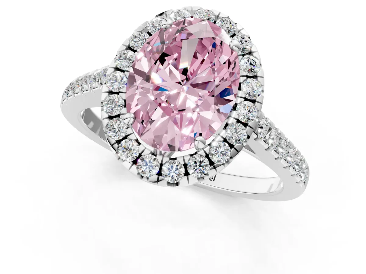 Fancy Pink Oval Cut Halo Pavé Diamond Engagement Ring with Four-Prong Setting Silver