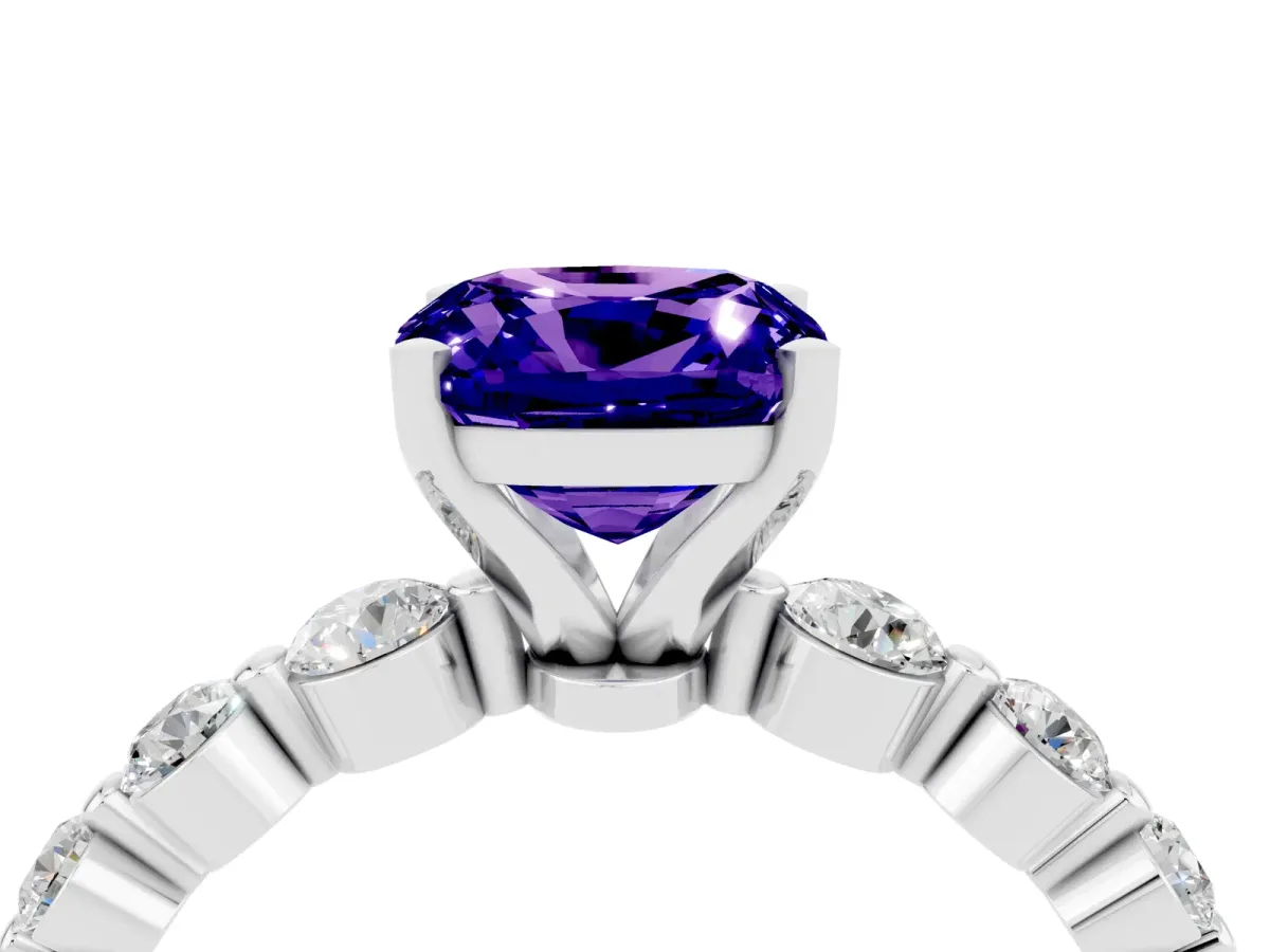 Cushion Cut Solitaire Tanzanite Ring with Pave Band and Four-Prong Setting Silver